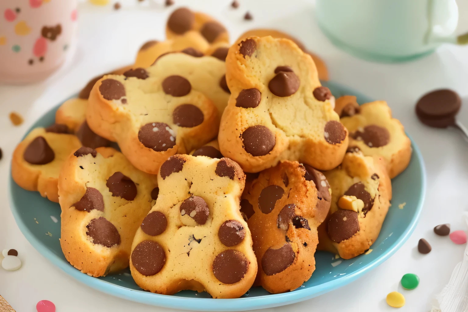 there are a plate of Cookies with chocolate chips on it, Cookies, Bread in animal shape, Snacks, 3 4 5 3 1, Bears, Stock, Beans, pawpads, Trypophobia, lovable, adorable:2, Animal shaped cake, baking Cookies, Bearsbeine, white with chocolate brown stains, stains, Die Rookies, ikenobo, Recipe