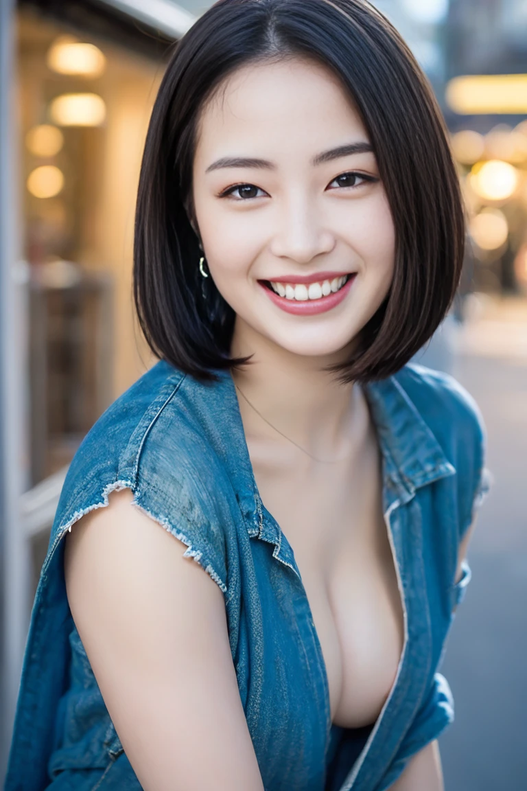 (Realistic、photo Realistic:1.3)、1 girl、2、(Bob Hair, Shortcuts, Brown Hair), (Change of clothes: 1.2), panties, Night Street、 (Browsing Caution:1.3), Beautiful Skin, blush, Grinning face、Very detailed、super high quality、Upper body naked、Small breasts、Nipples