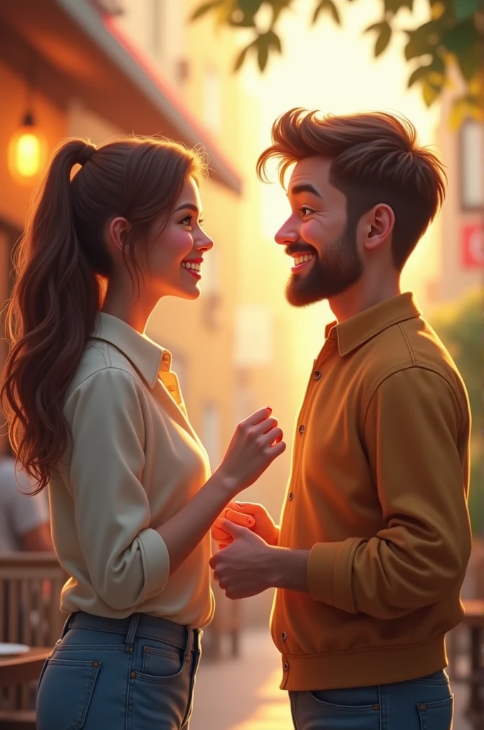 Make two people talking each other with smile face