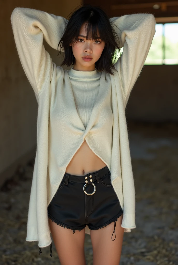 Short hair with black bangs, Cleopatra casual style, with hands behind head, sensually in the stable, staring at the photographer in a photoshoot of a woman with an ultra-realistic real photograph, quality 1.2 In a cold white sweater up to the calf with a short black boot round platform close to daylight long sweater closed up to near the knee falling over the shoulders filming me full body with the boot lifting the leg.