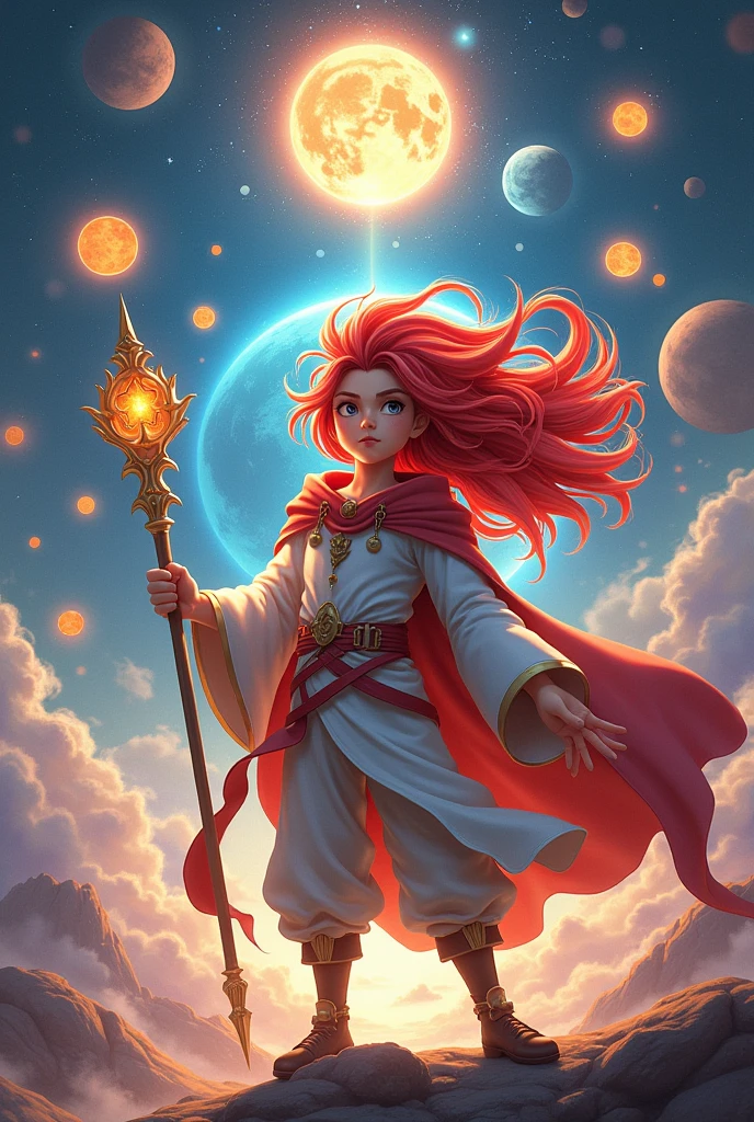 Dinamic long red white hair dinamic boy in hand dinamic stick 7th world king  backside 7 sun and moon earth etc image long dinamic black hair man full image hd 8k image 