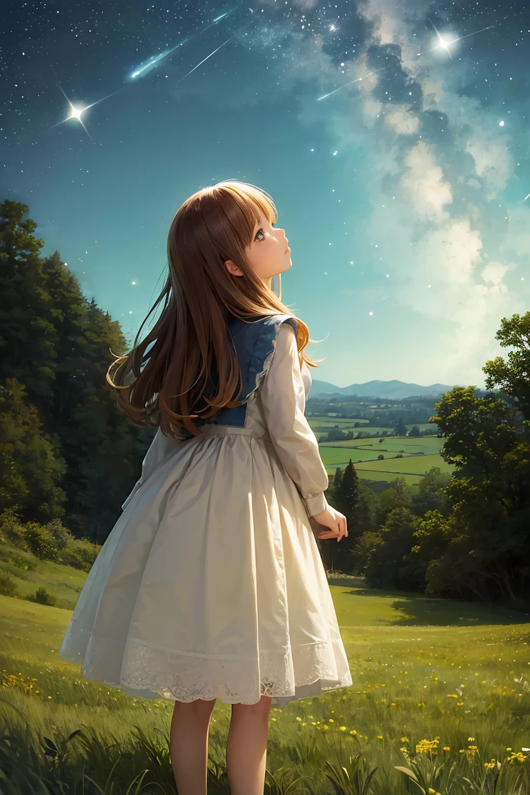 A girl on a meadow,Stars twinkling in the sky,Shining Star,milky way,Small Full Moon,I look up and see,Pure World,masterpiece,Highest quality,最高masterpiece,Detailed anime art,Digital Art,
