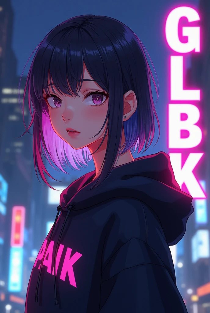 Create anime character;
{background: capital HD text: “GLBK” in right-top, night}, tanned skin,
realistic, HDR, beautiful, japan style, full body, age 20, hoodie HD text: “Paik”, female, color Gradient hair