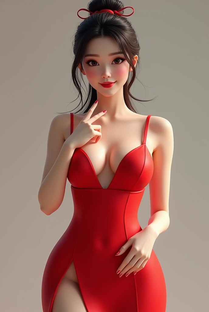 create beautiful Chinese 3D girl wearing attractive red color hot string dress, exposing inner skin of big chest and big hip and pointing finger to side to explain, smiling face with standing portrait full body