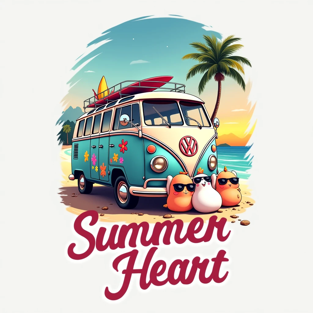 create an illustration with good contrast, with fine and delicate lines, cute fun, to the audience (The image shows a vintage Volkswagen Type 2 van, known as VW Bus, parked on a beach with a clear sky and the sun setting or rising in the background. The van is painted in light blue and white, with several colorful flower stickers and the iconic VW logo on the front. No roof from van, there is a rack with two surfboards attached. ((3 squishmallows shaped like cute stuffed animals happily playing and wearing big black sunglasses.)), The sand looks smooth, with some footprints leading to the van. the art in general presents a distribution with characteristics of shirt prints, which do not end in a rectangular shape. Below this scene, there is text that says “Summer Heart” or something related to high summer in a stylized cursive font that suggests a relaxed summer vibe. The font color transitions from pink at the top to yellow at the bottom, imitating a sunset. This image evokes nostalgia for summer travel and beach adventures., symbolizing freedom and leisure