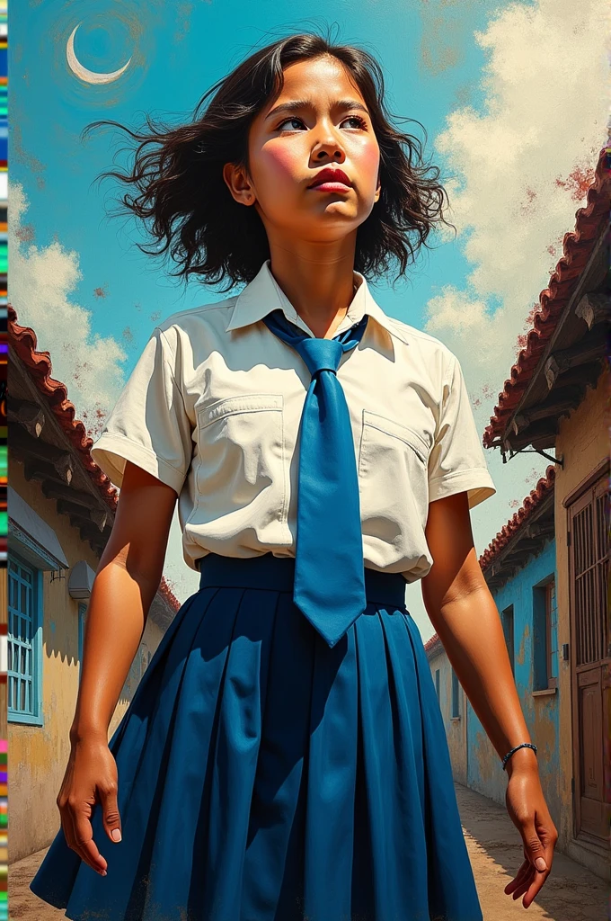 expressionism art about a girl in the philippines working hard for school wearing white blouse with blue tie and skirt, make it dramatic that represents my daily life