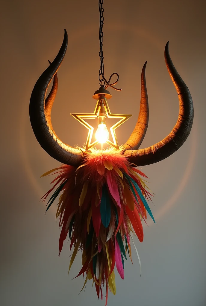 create a lamp image that resembles the bumba meu boi where the bottom part is made with some feathers, with two ox horns and a star in the middle of the horns hanging from them, the star is where the light from the lamp will be