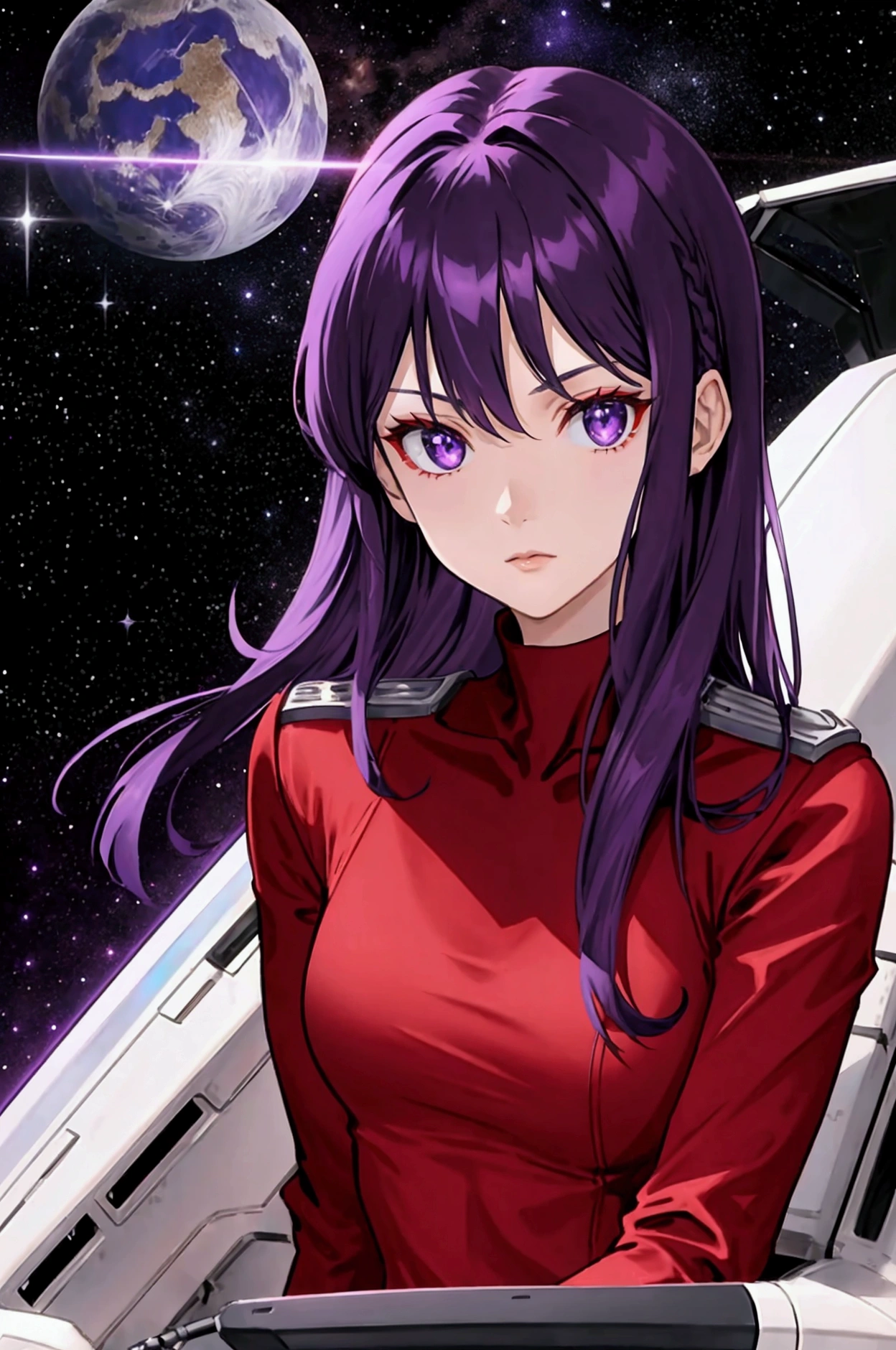 (neck cover plain red shirt), (only one beautiful and cool girl), (purple eyes), (medium hair), (straight hair), (purple hair), (science fiction),(ace pilot),(black long gloves), (space), (facing the front)