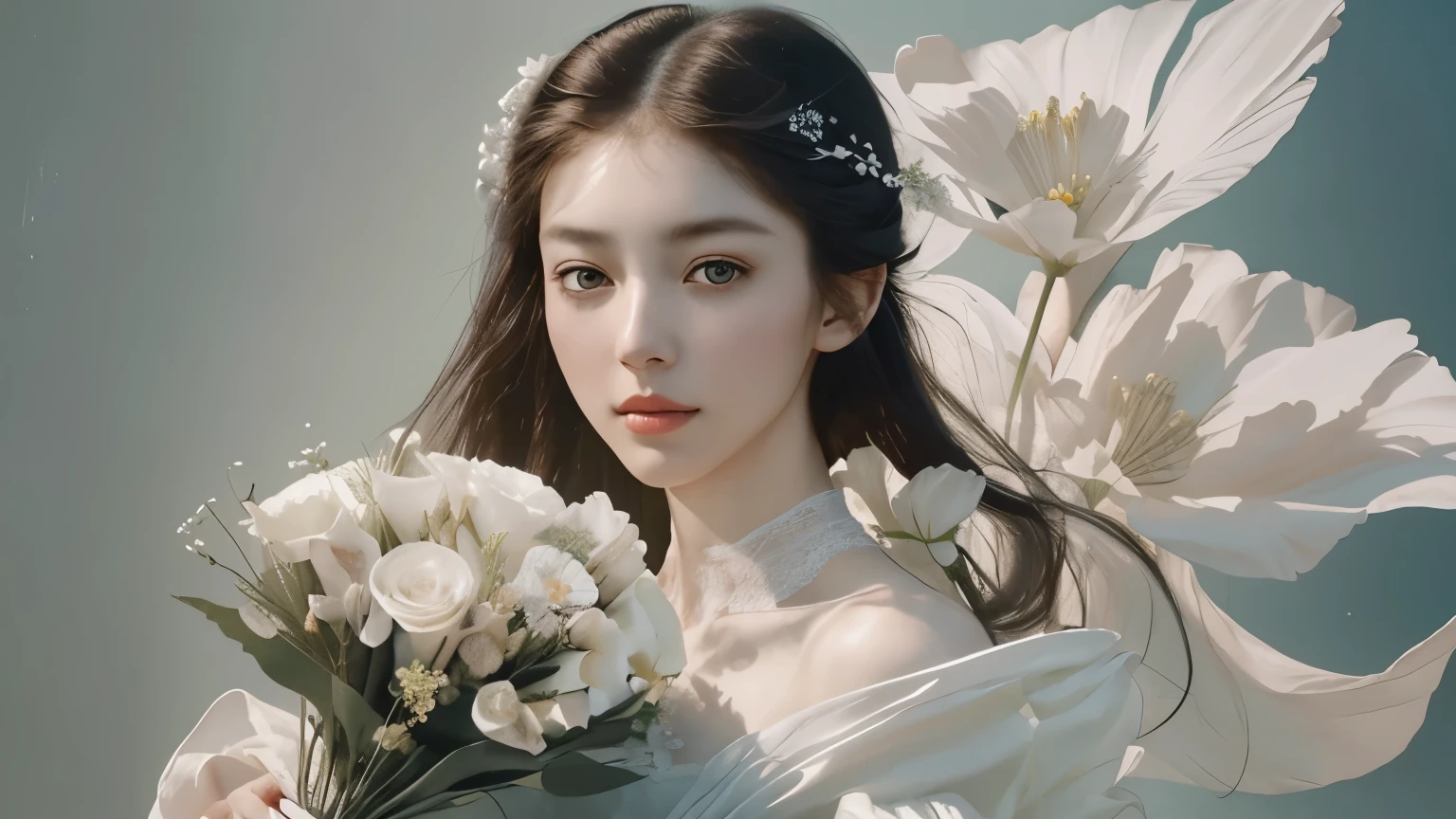 Wearing a white dress、Arapad woman with flowers，Julian&#39;Fine art painting，Two-half，，Inspired by Zhang Jingna，portrait，Chassis，Fine Art Fashion Photography，There are flowers，女性portrait，