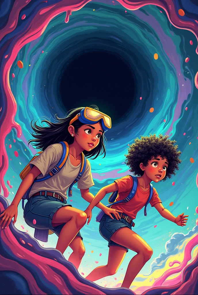 a book cover with the title slime the theory in Portuguese, colorful and creative drawings of two blonde girls, one Japanese, one black with thick curly hair and one blond with diving goggles in a colorful black hole . with the name of the author Vitor Reis and subtitle discover this adventure on the cover