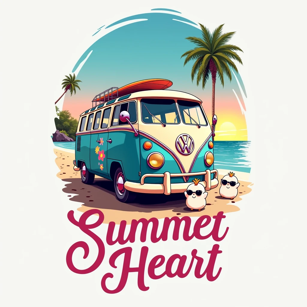 create an illustration with good contrast, with fine and delicate lines, cute fun, to the audience (The image shows a vintage Volkswagen Type 2 van, known as VW Bus, parked on a beach with a clear sky and the sun setting or rising in the background. The van is painted in light blue and white, with several colorful flower stickers and the iconic VW logo on the front. No roof from van, there is a rack with two surfboards attached. ((3 squishmallows shaped like cute stuffed animals happily playing and wearing big black sunglasses.)), The sand looks smooth, with some footprints leading to the van. the art in general presents a distribution with characteristics of shirt prints, which do not end in a rectangular shape. Below this scene, there is text that says “Summer Heart” or something related to high summer in a stylized cursive font that suggests a relaxed summer vibe. The font color transitions from pink at the top to yellow at the bottom, imitating a sunset. This image evokes nostalgia for summer travel and beach adventures., symbolizing freedom and leisure