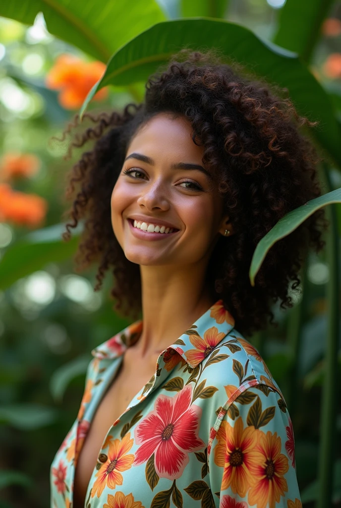 A Brazilian woman in a lush tropical garden, wearing an open shirt with a floral print, with a close-up capturing the harmonious beauty between her breasts and the natural flowers, showing off your natural charm and outgoing personality.