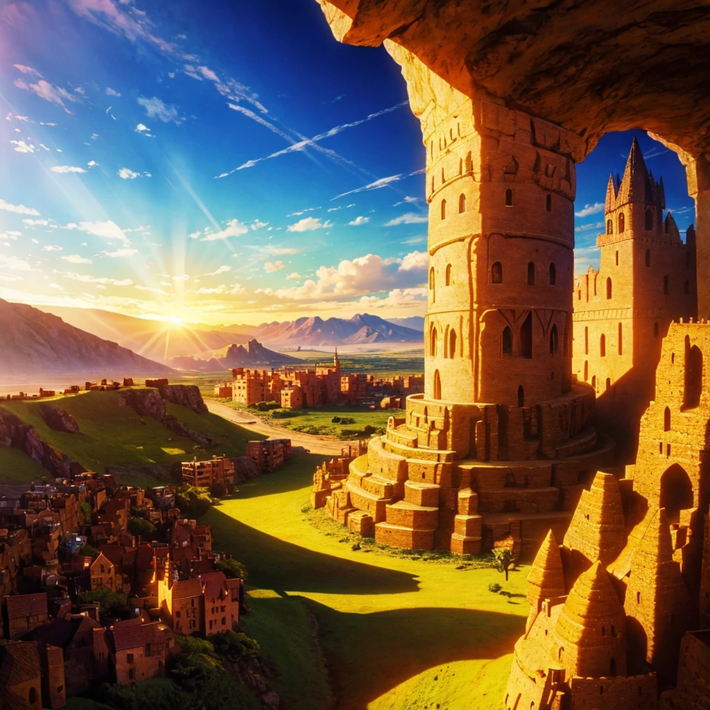 aerial view of a very luxurious medieval desert cornucopia with detailed hobbit houses, with very detailed houses and buildings, cinematic lighting, god rays, anime style, UHD, masterpiece, accurate, high quality, highres