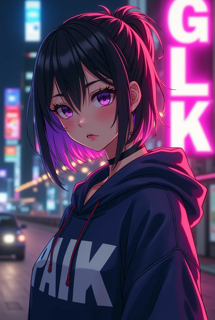 Create anime character;
{background: capital HD text: “GLBK” in right-top, night}, tanned skin,
realistic, HDR, beautiful, japan style, full body, age 20, hoodie HD text: “Paik”, female, color Gradient hair