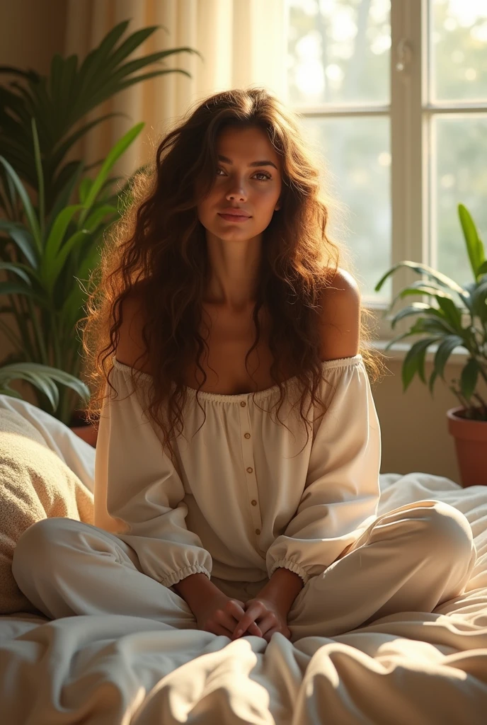 (photorealism:1.2), beautiful woman, sitting on bed, wearing loose off-shoulder top, pajama pants, long curly hair, indoors, soft lighting, plants in background, window with sunlight, cozy room, relaxed pose, realistic, intricate details, warm colors, by Greg Rutkowski, by Alphonse Mucha