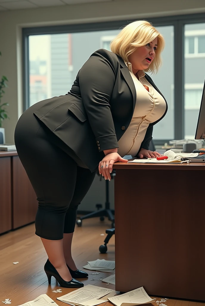 50 years old, A woman with short blonde haire, square cut Real women, she has an hourglass figure, she has a surreal, hentai-like physique, with exaggerated curves that showcase large buttocks and voluminous breasts, she is verry slim


Executive: Elegant woman
Attire:
Jacket: Sophisticated suit, dark gray color.
Top: Cream silk blouse.
Bottom: Black cigarette pants.
Shoes: Black pumps.
Context: Modern office, well-organized but in disarray because of the incident.
Action: She leans forward, vomiting on her desk, splattering scattered documents.
Expression: Face pale, eyes wide, a mixture of surprise and disgust.
Atmosphere: A tense, chaotic atmosphere, with a feeling of unease in the air, underlining the unexpectedness of the situation.