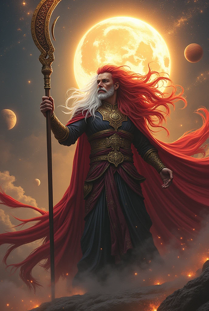 Dinamic long red white hair dinamic man in hand dinamic stick 7th world king backside 7 sun and moon earth etc image long dinamic black hair man full image hd 8k image