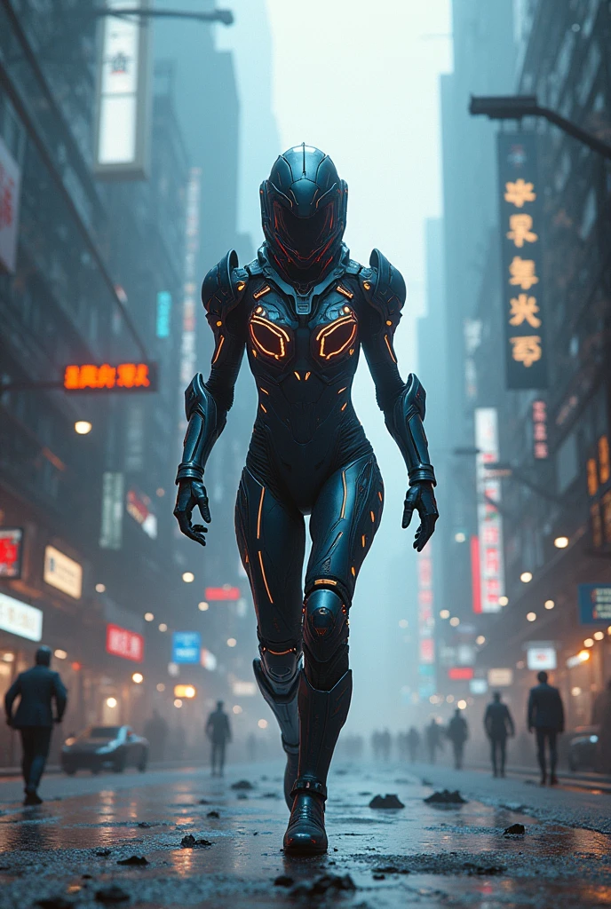 A futuristic warrior with glowing armor in a cyberpunk city