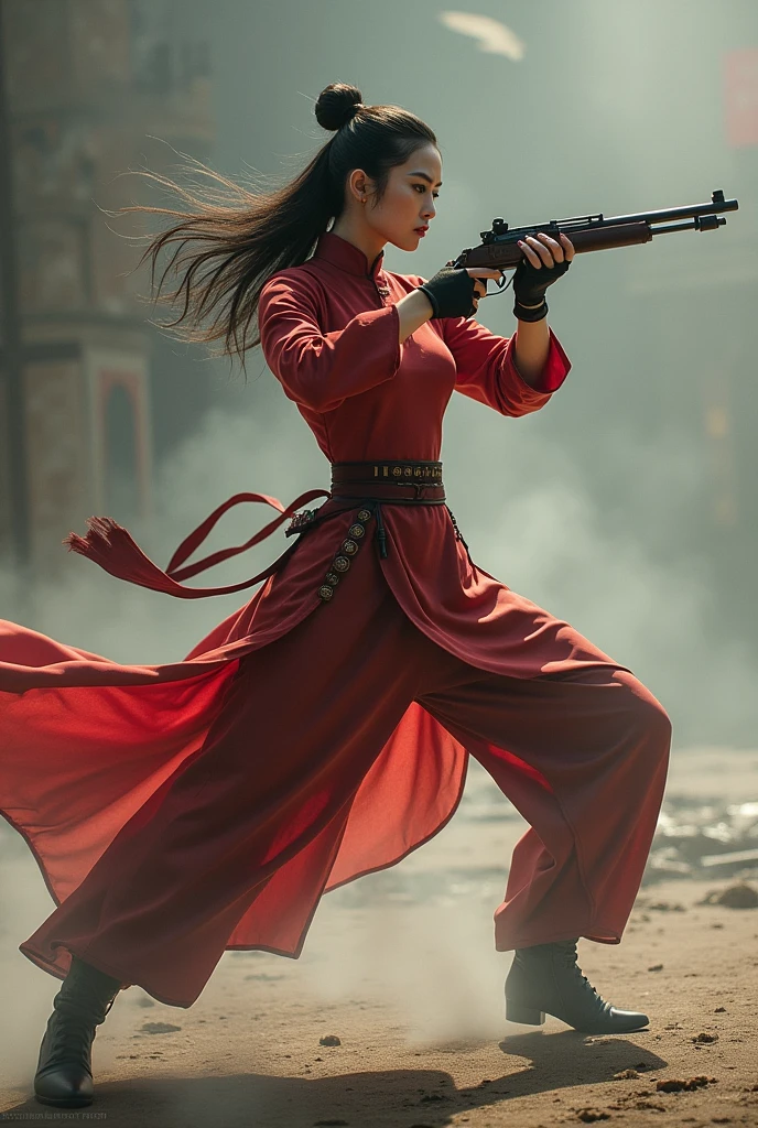 beautiful sweet chinese pink cheongsam tight mini skirt standing legs spread hip shoulder firing rifle gun toting force grip aiming side target
