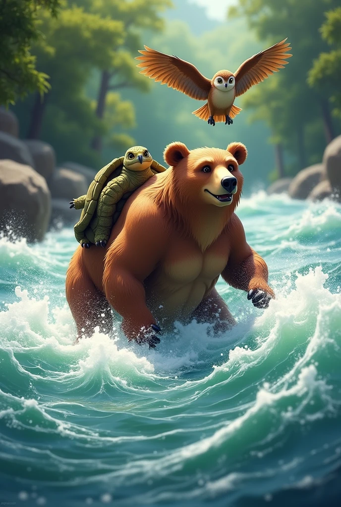 Scene 3: Crossing the River
Prompt: "A wide, fast-flowing river with a strong current. Benny the Bear is in the water, carrying Tara the Tortoise on his back as he swims across, while Ollie the Owl flies overhead, watching out for any dangers. The scene captures their teamwork as they safely cross the challenging river together." In animal animation photo