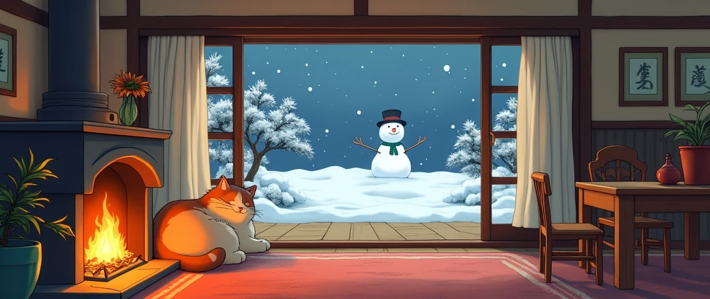 Studio Ghibli Inspired , A cat sleeps by the fireplace in a warm home, Anime Cozy ,Lofi ,Ultrawide  ,vibes ,Wide view ,Outside the window there is a snowman.