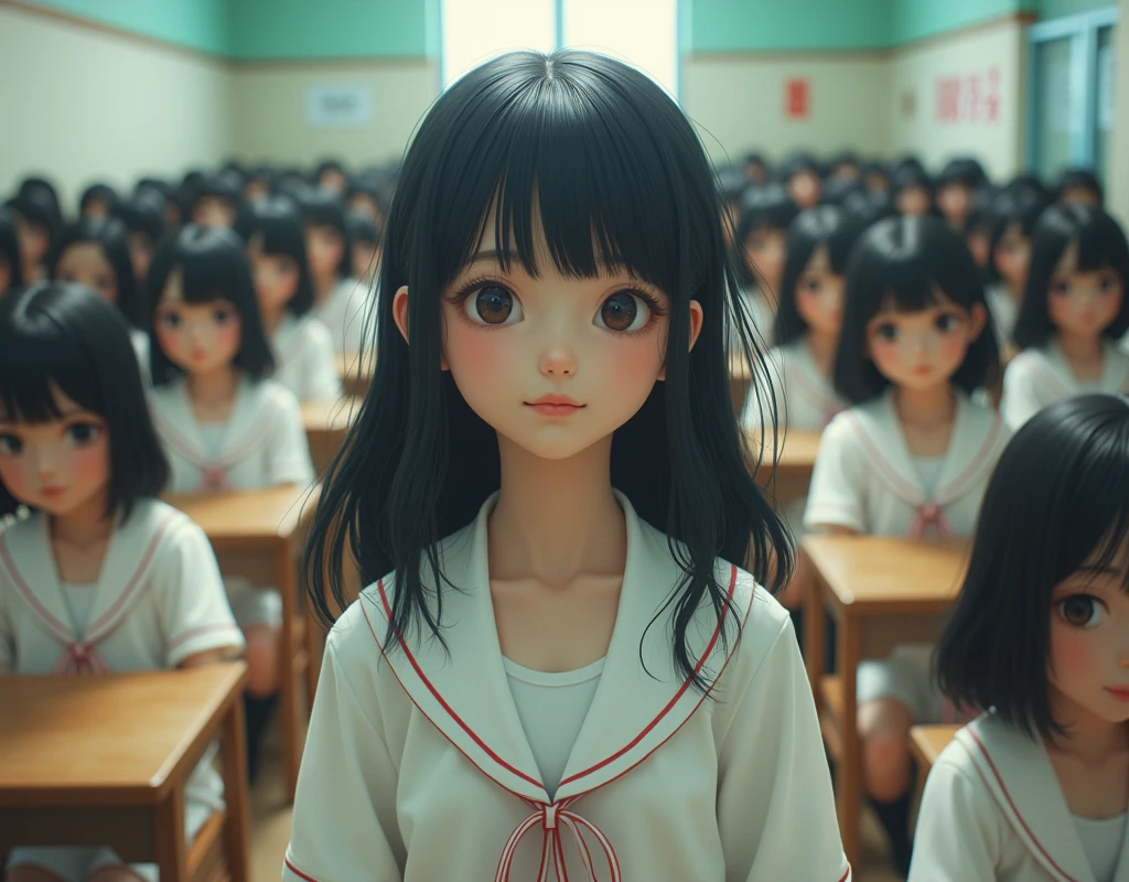 ((Erase the center subject in the front)), (Japanese Clone-girls=Myself), (Super Best masterpiece Clone-girls Raw Photography Art), (16K, Highest quality, Ultra-high resolution, RAW Photos), (It's so unrealistic., With unparalleled depiction, With an unfathomable sight, An unprecedented and shocking worldview, Clone-girls: In a world of mass reproduction, Ultra-realistic depiction), (Japanese Girls, Hamabe-Minami, 16yo), (Small face, Thick black hair, long hair, Dark Eyes, Mature face, Cute Smile, Smiling face, A gentle gaze), (Very pleasant look), (Very beautiful and detailed girl, Accurate body structure, Accurate body movements, Very detailed body), (Super big breasts, Large bulge of ample breasts), (High school girl's summer clothes, Short sleeve, Emphasise the fullness of your breasts), (Very detailed, Myself cloning, Depiction of splitting oneself, 1Myself girl→1,000,000,000,000,000,000,000,000,000,000Myself cloning girls), (Myself clone girlsは, With the same perfect appearance, to multiply in large numbers), (Very detailed depiction, Myself's multiplying female body, In the same female body,With the same face, With the same hairstyle, In the same clothes, At the same height, 同じSuper big breastsで, A completely indistinguishable female body, 1,000,000,000,000,000,000,000,000,000,000 people), (Myself girls only), (1,000,000,000,000,000,000,000,000,000,000Myself girls), Japanese Classroom, Scenes from class, Bright lighting, Peaceful atmosphere, Talk to Myself, Wide-angle field of view, wide view, You can shoot your subject from anywhere