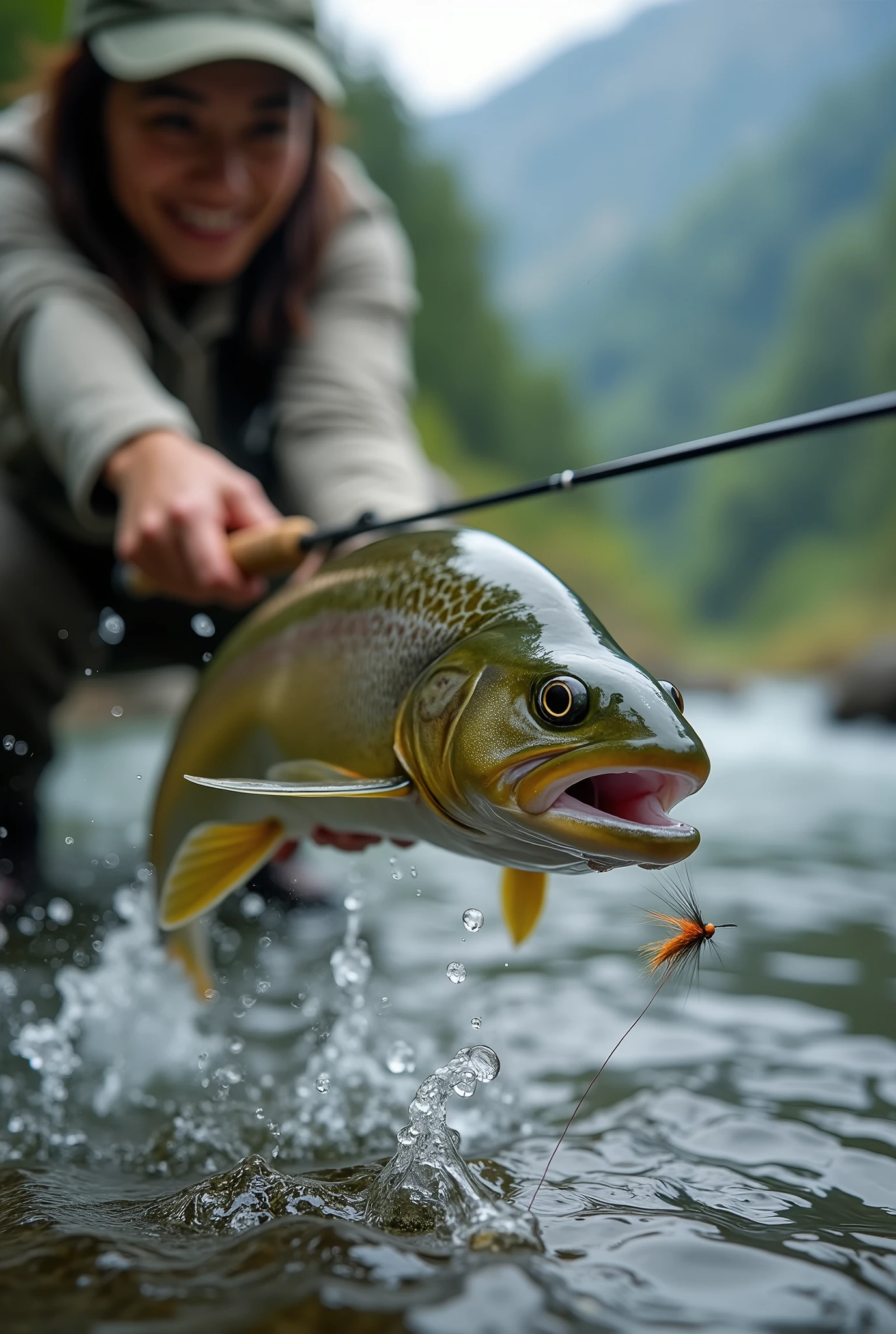 professional photos, The fly landed on the water, Thrown from a fishing rod, Yamame trout bites from below, dynamic movement, Clear Japanese mountain streams, (Fly Fishing), A female fisherman can be seen in the background, looking at us., Bend the rod in your hand, Looking closely at the fish, TRANSITION At that moment, when the fish bites the fly, and…