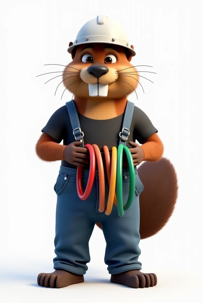 I want to create an image of an animated beaver, industrial style, that is standing, dressed in blue jeans and a dark black collarless t-shirt and wearing a white helmet, that in your hands you have some small hoses of various colors, and on white background for editing 