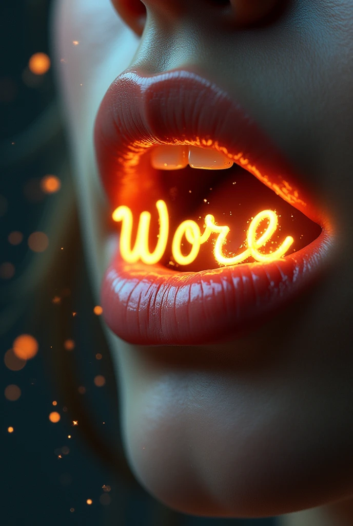 Prompt 2: A close-up of a person's lips as they speak, with the words visibly forming into glowing letters that float into the air, eventually dissolving into sparkles.