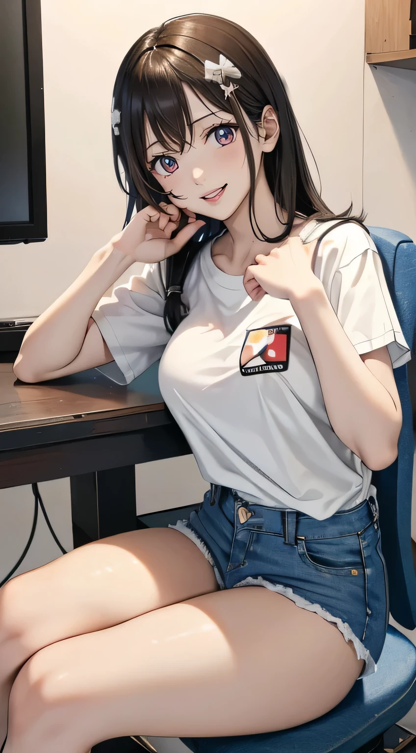 Young Japanese idol with long black hair, (Ample breasts). ((Short sleeve white t-shirt and denim shorts))I am wearing, Sitting on a chair in a TV studio. She is smiling warmly at the camera. Studio lighting can be seen in the background、peace sign