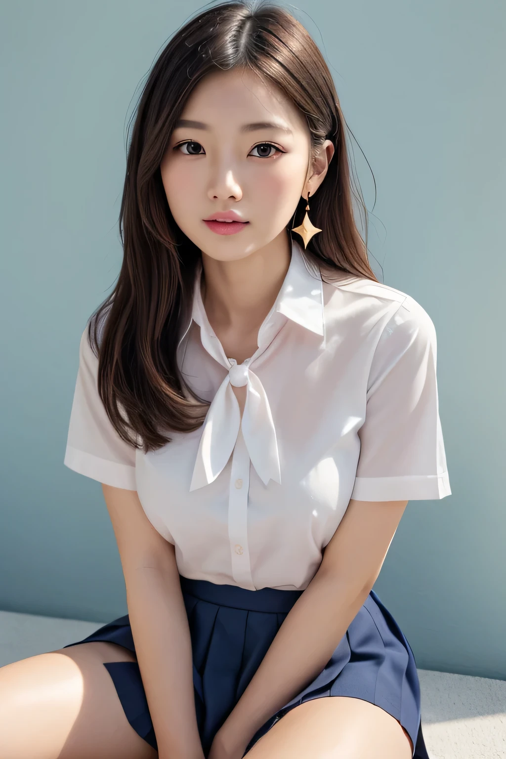 (High resolution、8k:1.3)、masterpiece、(Ultra-realistic as a photo:1.3)、、sexly、very cute、Very nice finish、Slender figure、Small breasts、Sharp focus, Ultra High Resolution Face、Highest quality、The face is in focus、Ultra high definition and beautiful eyes、Eyes are symmetrical、High quality and beautiful skin、Firm Skin、Japanese, thin、very cute、、(white short sleeve shirt、Pleated skirt、Ultra mini skirt), Sitting、sexly、Star-shaped earrings、Light blue wall、Natural Makeup, (blush:1.3), (Embarrassing:1.3)、(View your audience:1.3),Navy blue tie、Sitting on a chair、sexly、