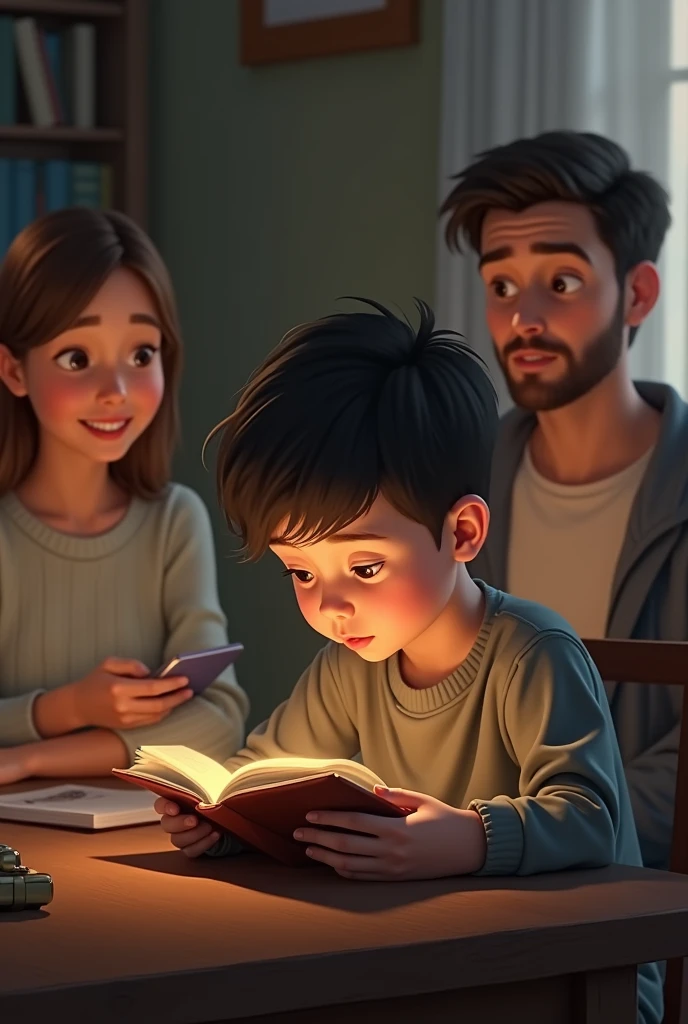 Create a image where a small boy is pertaining to read infront of this parents but he is t hide the mobile