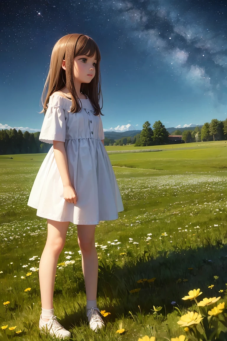A girl on a meadow,Stars twinkling in the sky,Shining Star,milky way,Small Full Moon,I look up and see,Pure World,masterpiece,Highest quality,最高masterpiece,Detailed anime art,Digital Art,