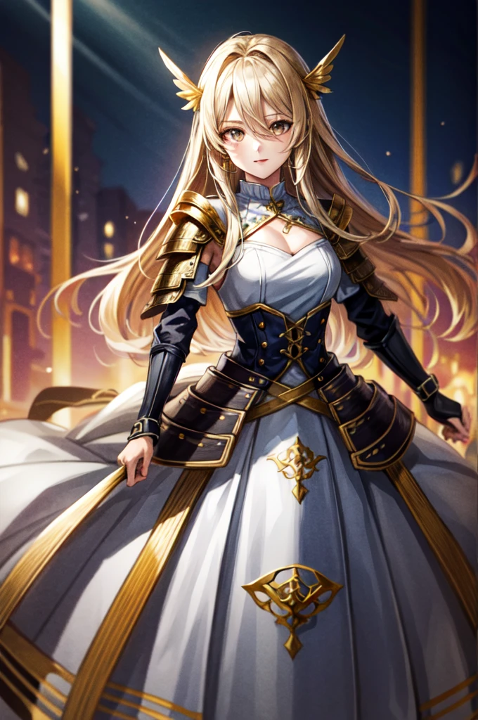 earing armor One adult female, Beautiful Valkyrie, wearing white dress, Long Hair, blonde hair, golden Eyes, Light makeup, tite waist, full body, hair over eye, anime, cinematic lighting, cowboy shot, UHD, retina, masterpiece, accurate, anatomically correct, textured skin, super detail, high details, high quality, award winning, best quality, highres, 8k