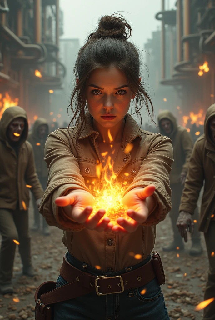 Brunette girl with incendiary mixture on the background of zombie steampunk
