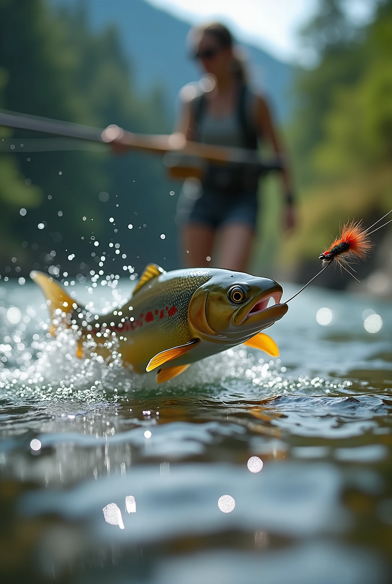 professional photos, The fly landed on the water, Thrown from a fishing rod, Yamame trout bites from below, dynamic movement, Clear Japanese mountain streams, (Fly Fishing), A female fisherman can be seen in the background, looking at us., Bend the rod in your hand, Looking closely at the fish, TRANSITION At that moment, when the fish bites the fly, and…