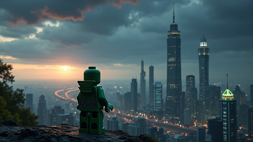 put a green arrow lego figure in the photo standing with his back turned looking at the city