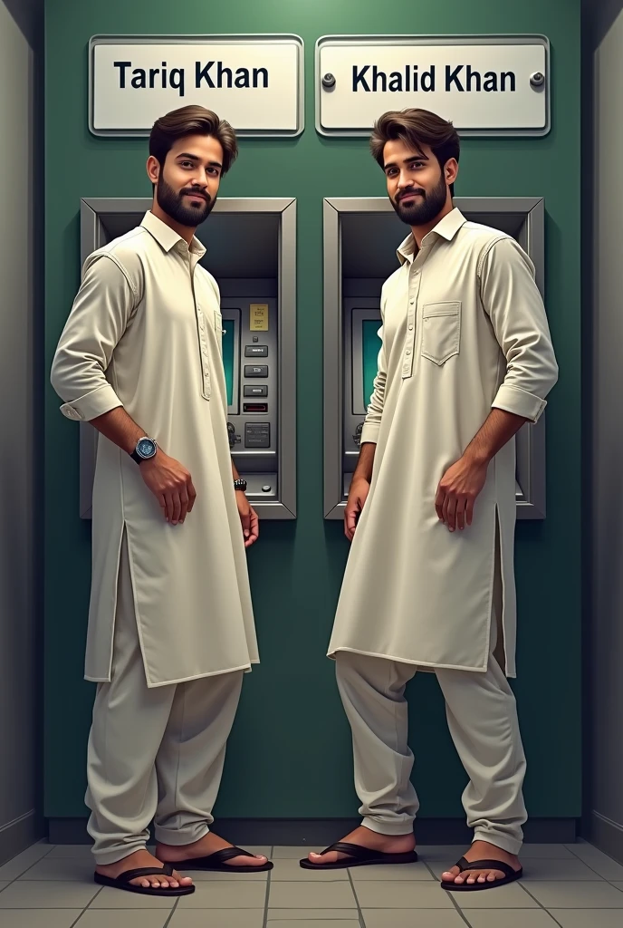 Generate a picture of two men age 26 years wearing shalwar qames waiting in ATM for his salary. "Tariq khan" and "khalid khan" names must be written on ATM wall clearly.
