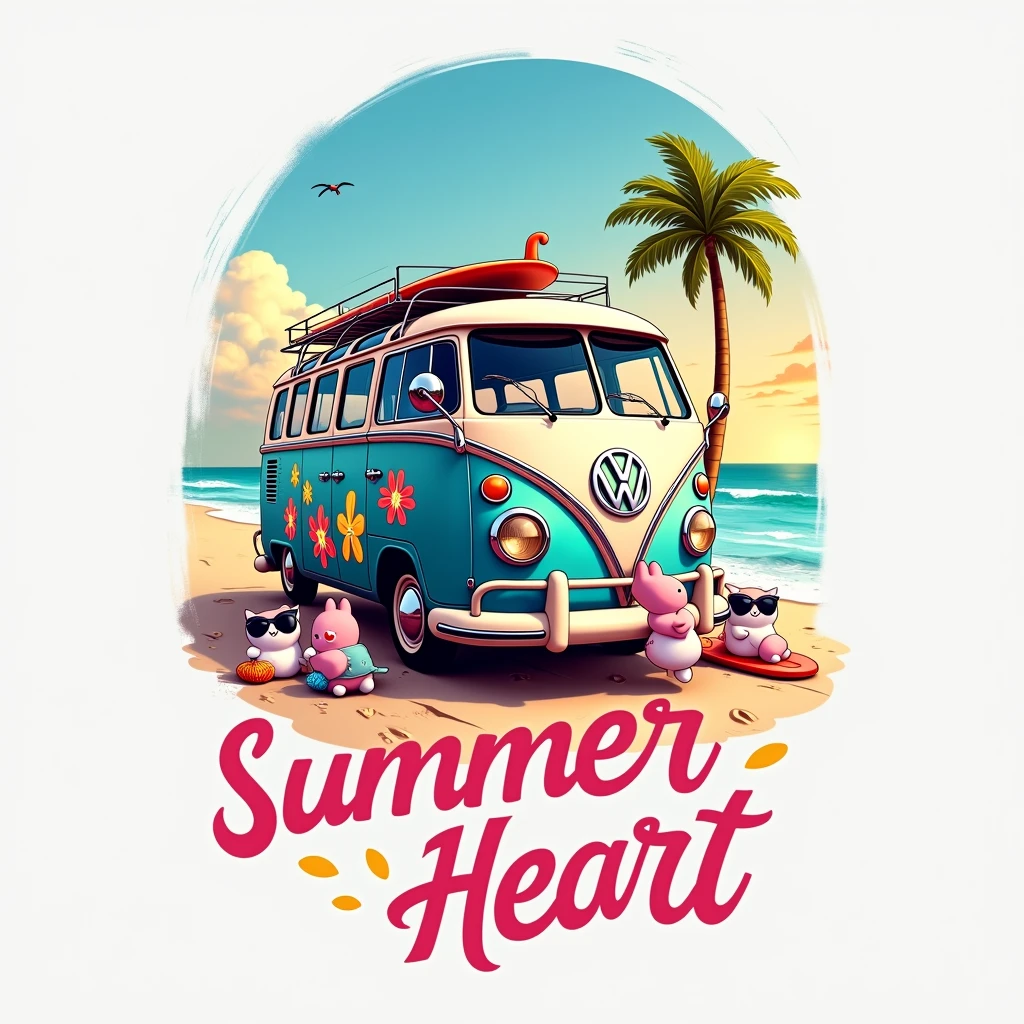 create an illustration with good contrast, with fine and delicate lines, cute fun, to the audience (The image shows a vintage Volkswagen Type 2 van, known as VW Bus, parked on a beach with a clear sky and the sun setting or rising in the background. The van is painted in light blue and white, with several colorful flower stickers and the iconic VW logo on the front. No roof from van, there is a rack with two surfboards attached. ((3 beautifully designed squishmallows shaped like cute, happy stuffed animals playing and wearing big black sunglasses, 4K.)), The sand looks smooth, with some footprints leading to the van. the art in general presents a distribution with characteristics of shirt prints, which do not end in a rectangular shape. Below this scene, there is text that says “Summer Heart” or something related to high summer in a stylized cursive font that suggests a relaxed summer vibe. The font color transitions from pink at the top to yellow at the bottom, imitating a sunset. This image evokes nostalgia for summer travel and beach adventures., symbolizing freedom and leisure