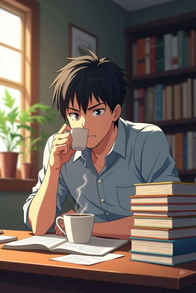 Create an anime of a man studying for a contest and drinking coffee, focused on your approval, looking at the books