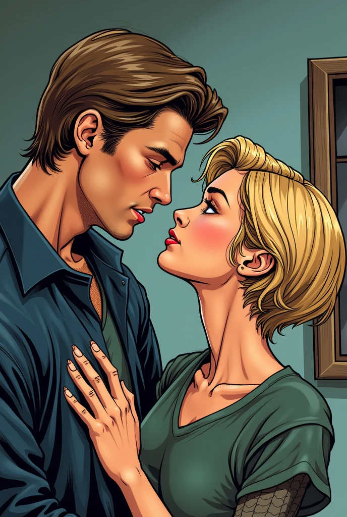 Dean Winchester in love with a girl with dirty blonde really short hair comics style