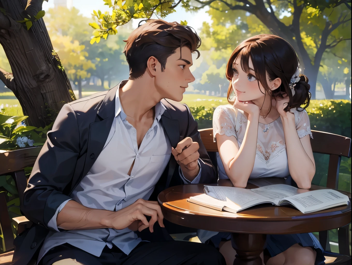 Man and woman, sitting beside a tree, romantic conversation, joy, (insanely detailed, perfect faces, upper body)