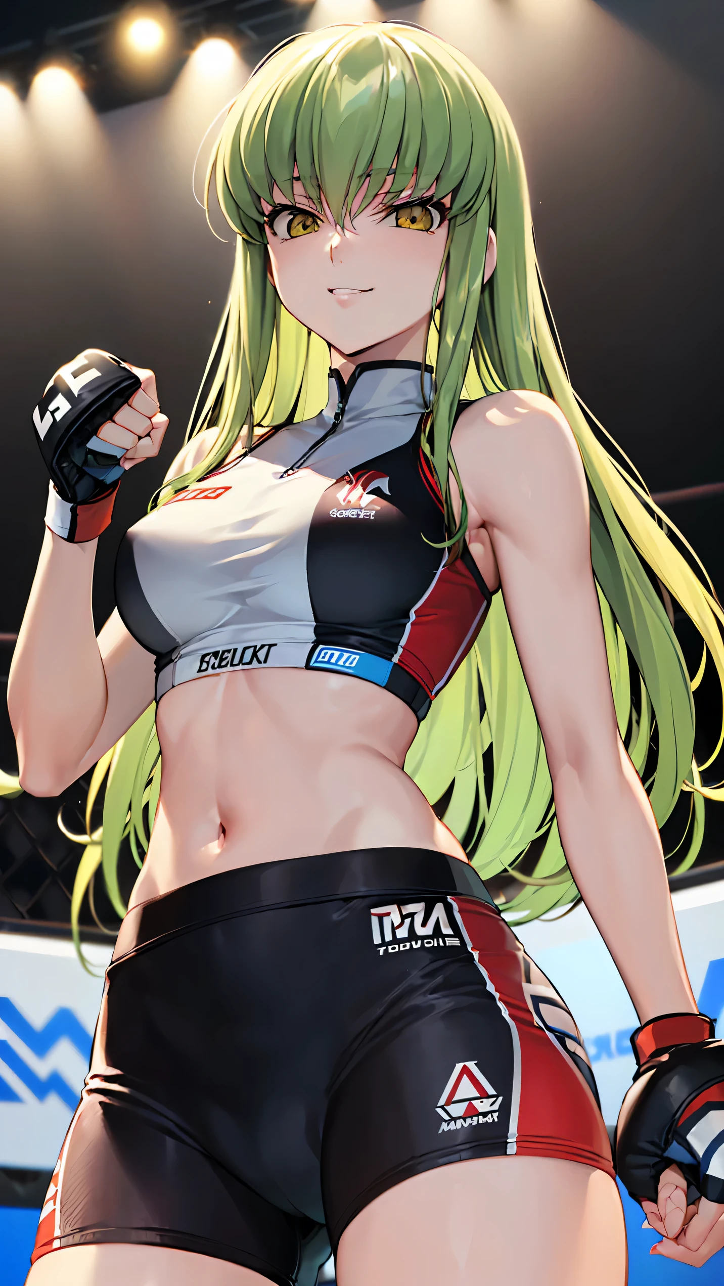 CC_Code Geass, Hair between the eyes, Very long hair 1 person, Bright light, Smirking, alone, Cowboy Shot, (masterpiece, Highest quality), 8k, Intricate details, from below, (on MMA Arena :1.5), (wearing MMA uniform:1.5, white tops and black bottoms:1.3), thigh, belly button,