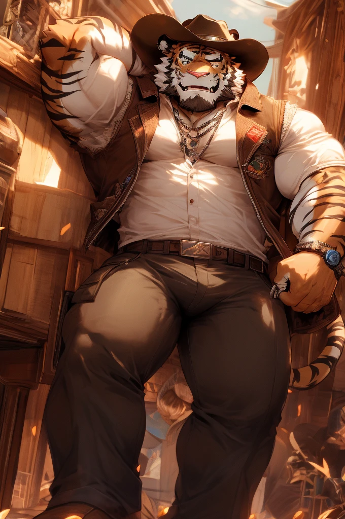 Furry, tiger, man, muscular, fit, handsome, short beard, bounty hunter, cowboy hat, gun holster, vest, pants bulge