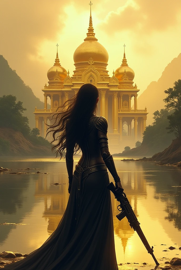 create landscape of a golden temple, with a white woman with long black hair from behind in black war clothes and holding a gun