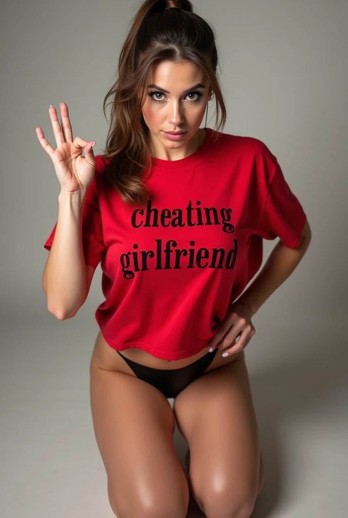 amateur, brunette, eurobabe, (round face), beat it gesture, instructing to jerk off, ponytail, red t-shirt with "cheating girlfriend" caption, no pants, big tits, indirect look, kneeling, casual photo