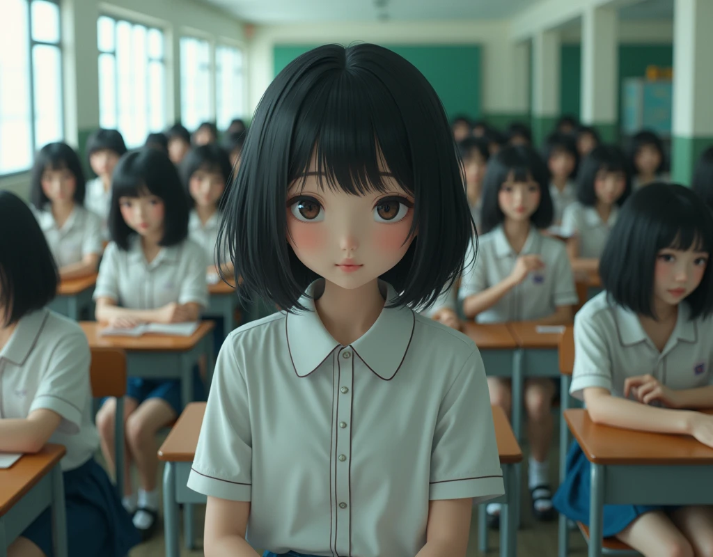 ((Erase the center subject in the front)), (Japanese Clone-girls=Myself), (Super Best masterpiece Clone-girls Raw Photography Art), (16K, Highest quality, Ultra-high resolution, RAW Photos), (It&#39;s so unrealistic., With unparalleled depiction, With an unfathomable sight, An unprecedented and shocking worldview, Clone-girls: In a world of mass reproduction, Ultra-realistic depiction), (Japanese Girls, Hamabe-Minami, 16yo), (Small face, Thick black hair, long hair, Dark Eyes, Mature face, Cute Smile, Smiling face, A gentle gaze), (Very pleasant look), (Very beautiful and detailed girl, Accurate body structure, Accurate body movements, Very detailed body), (Super big breasts, Large bulge of ample breasts), (High school girl&#39;s summer clothes, Short sleeve, Emphasise the fullness of your breasts), (Very detailed, Myself cloning, Depiction of splitting oneself, 1Myself girl→1,000,000,000,000,000,000,000,000,000,000Myself cloning girls), (Myself clone girlsは, With the same perfect appearance, to multiply in large numbers), (Very detailed depiction, Myself&#39;s multiplying female body, In the same female body,With the same face, With the same hairstyle, In the same clothes, At the same height, 同じSuper big breastsで, A completely indistinguishable female body, 1,000,000,000,000,000,000,000,000,000,000 people), (Myself girls only), (1,000,000,000,000,000,000,000,000,000,000Myself girls), Japanese Classroom, Scenes from class, Bright lighting, Peaceful atmosphere, Talk to Myself, Wide-angle field of view, wide view, You can shoot your subject from anywhere