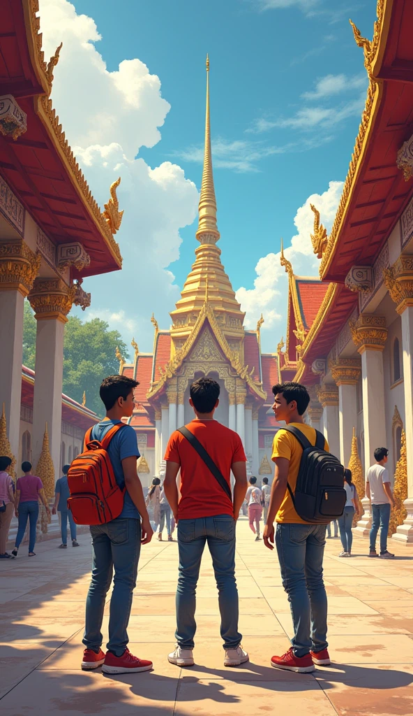 **Exploring Tourist Spots**:
   - A vibrant scene of Ashok, Gautam, and Ramen exploring famous Thai temples. They are admiring intricate temple architecture and vibrant colors.
