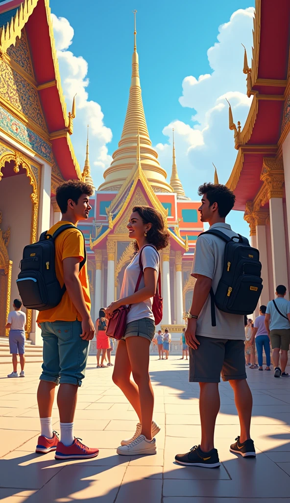 **Exploring Tourist Spots**:
- A vibrant scene of Ashok, Gautam, and Ramen exploring famous Thai temples. They are admiring intricate temple architecture and vibrant colors.