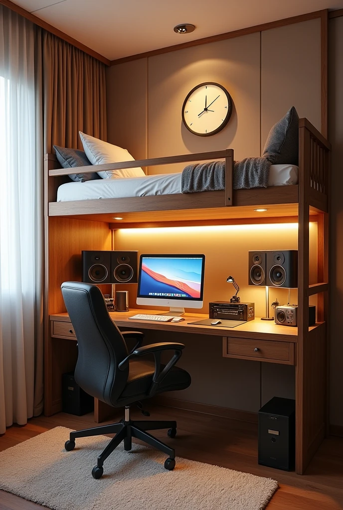 Make a plan of a room in which there is a bunk bed, Under the cabin there is a desk with a computer and a chair, a table and that there is a recording studio in the room